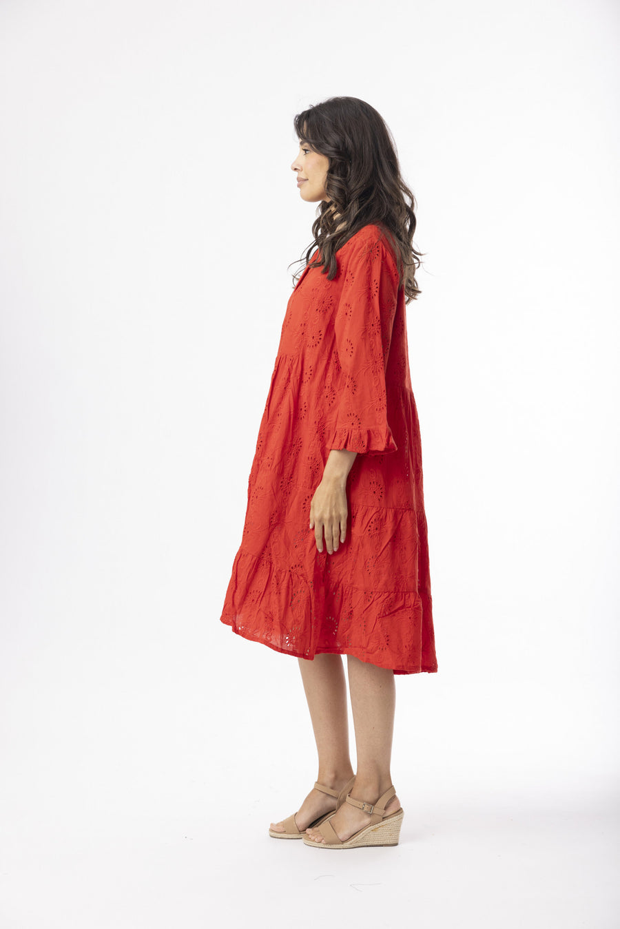 Broderie Essentials Frill Hem Dress - Red