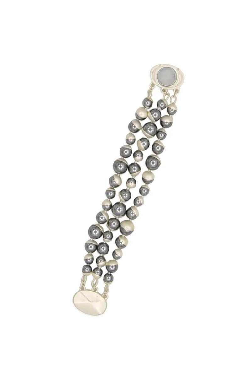 Brushed Silver Cupped Faux Dark Pearl Bracelet