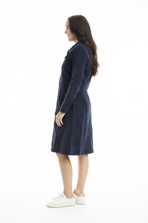 Cord Solid Button Dress - Navy