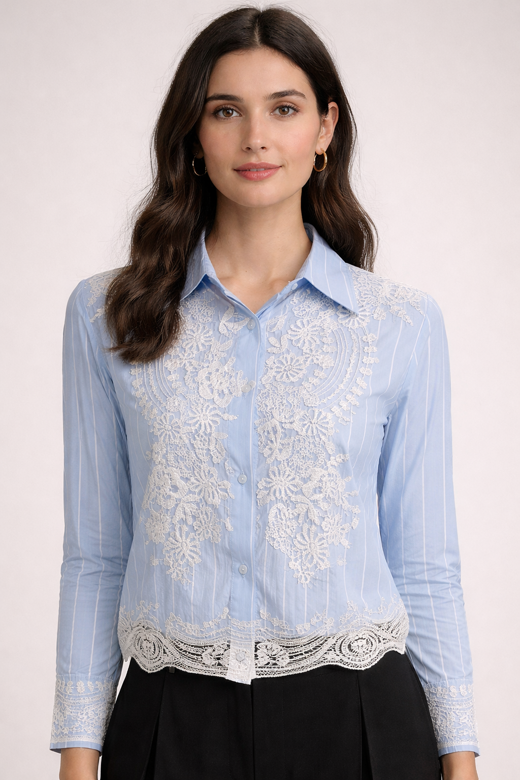 Filligree Lace Detailed Stripe Shirt - Baby Blue
