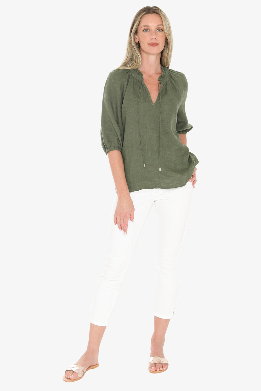 Ruffle Neck Top - Basil