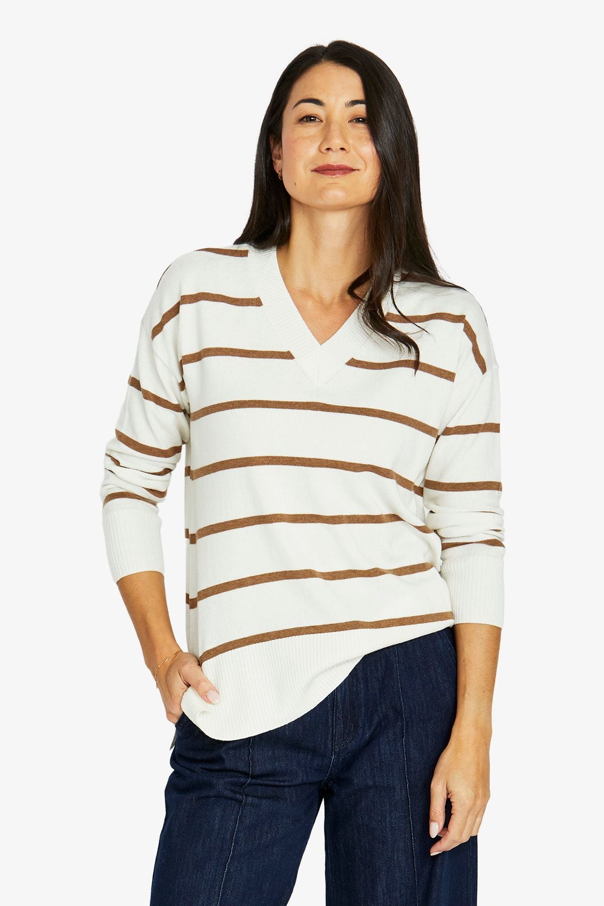 Stripe V Neck Pullover - Vanilla/Hazel