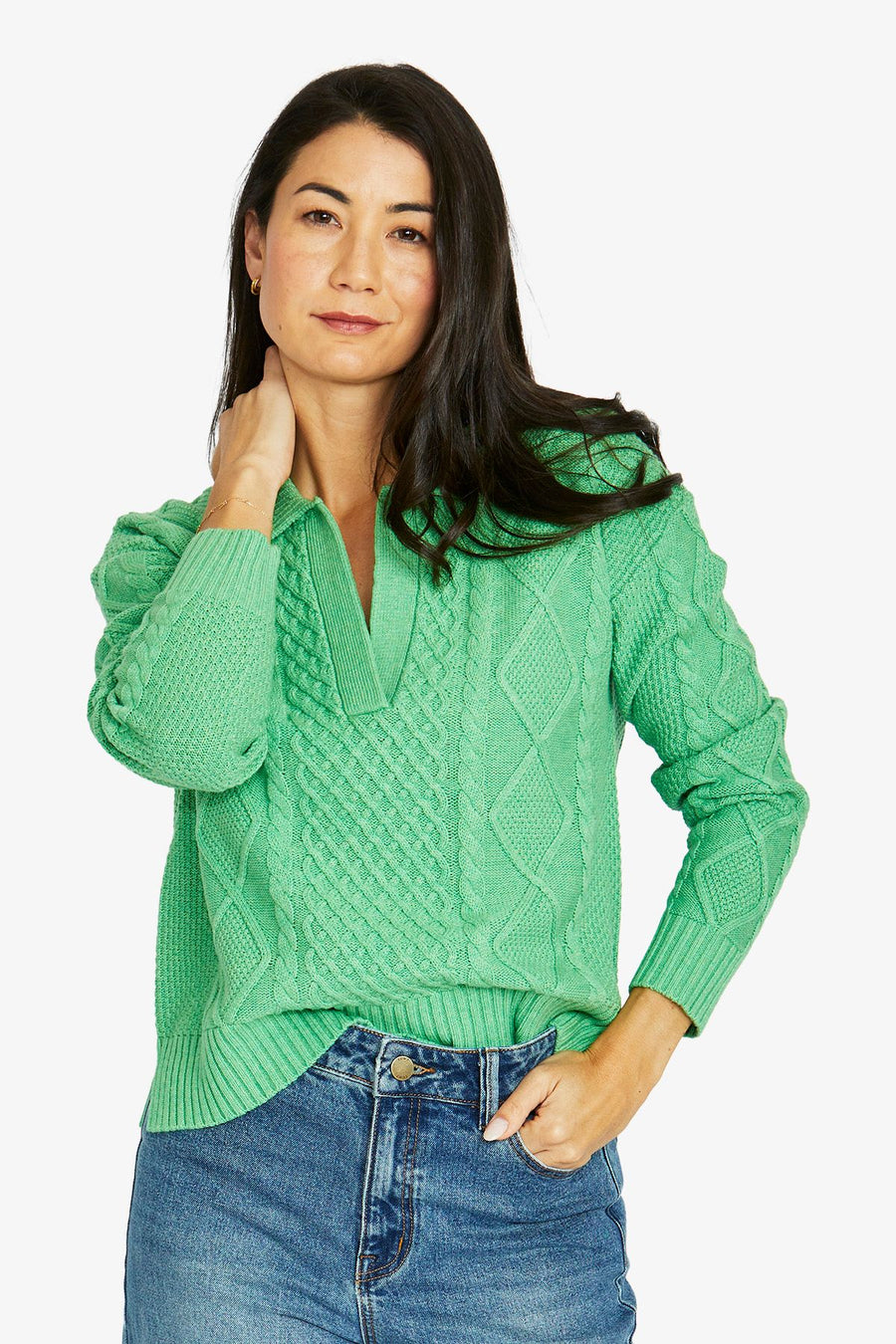 Collar Pattern Pullover - Green Tea Marle