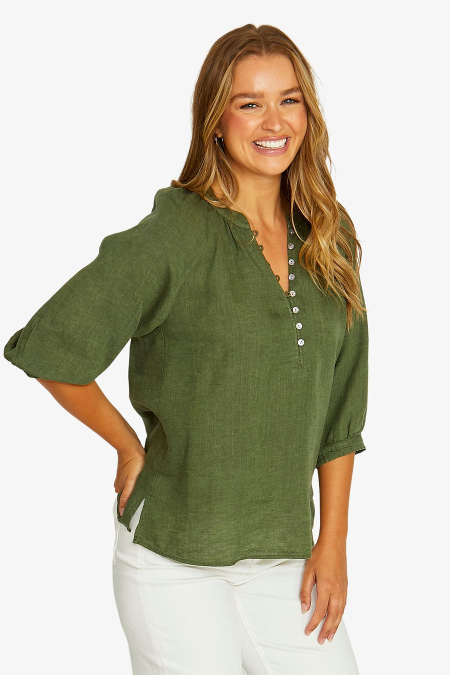 Raglan Button Neck Top - Evergreen