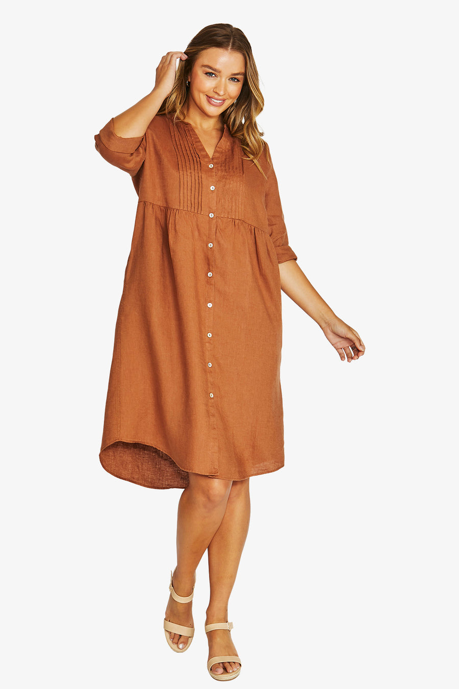 Elegant Pintuck Dress - Chestnut