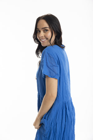 Essentials Cotton Gauze Peak Dress - Electric Blue