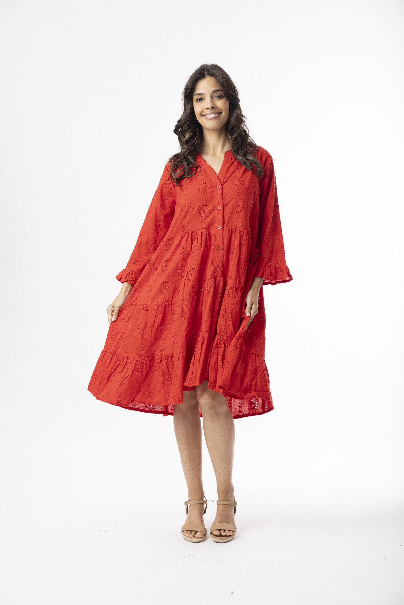 Broderie Essentials Frill Hem Dress - Red