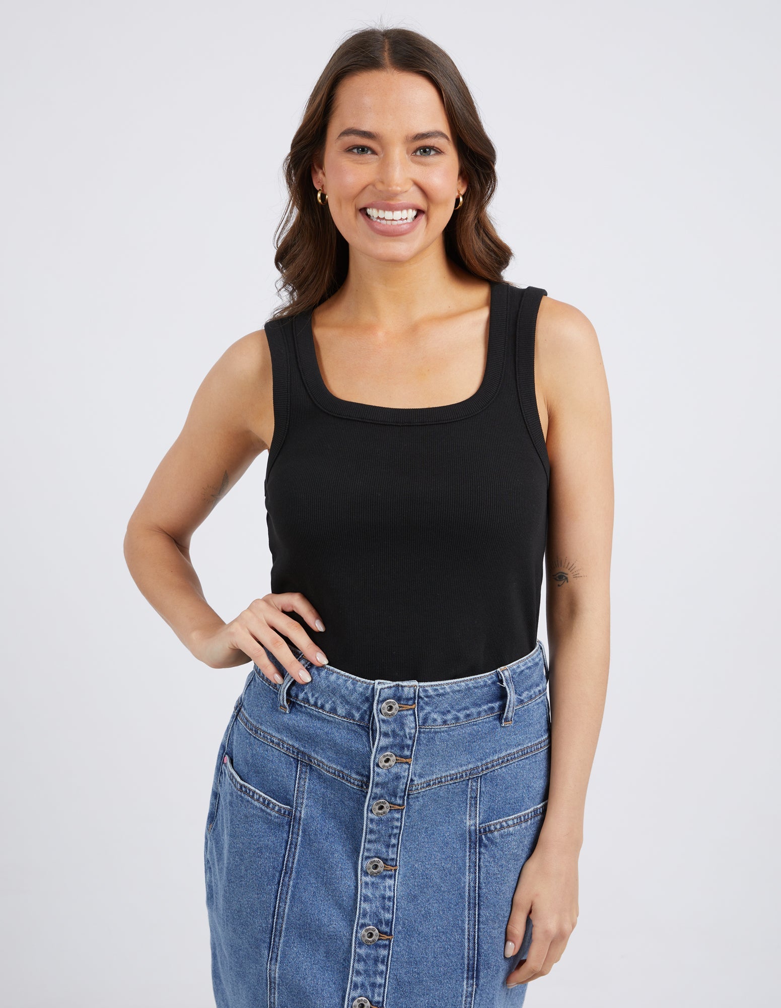 Square Neck Rib Tank Black