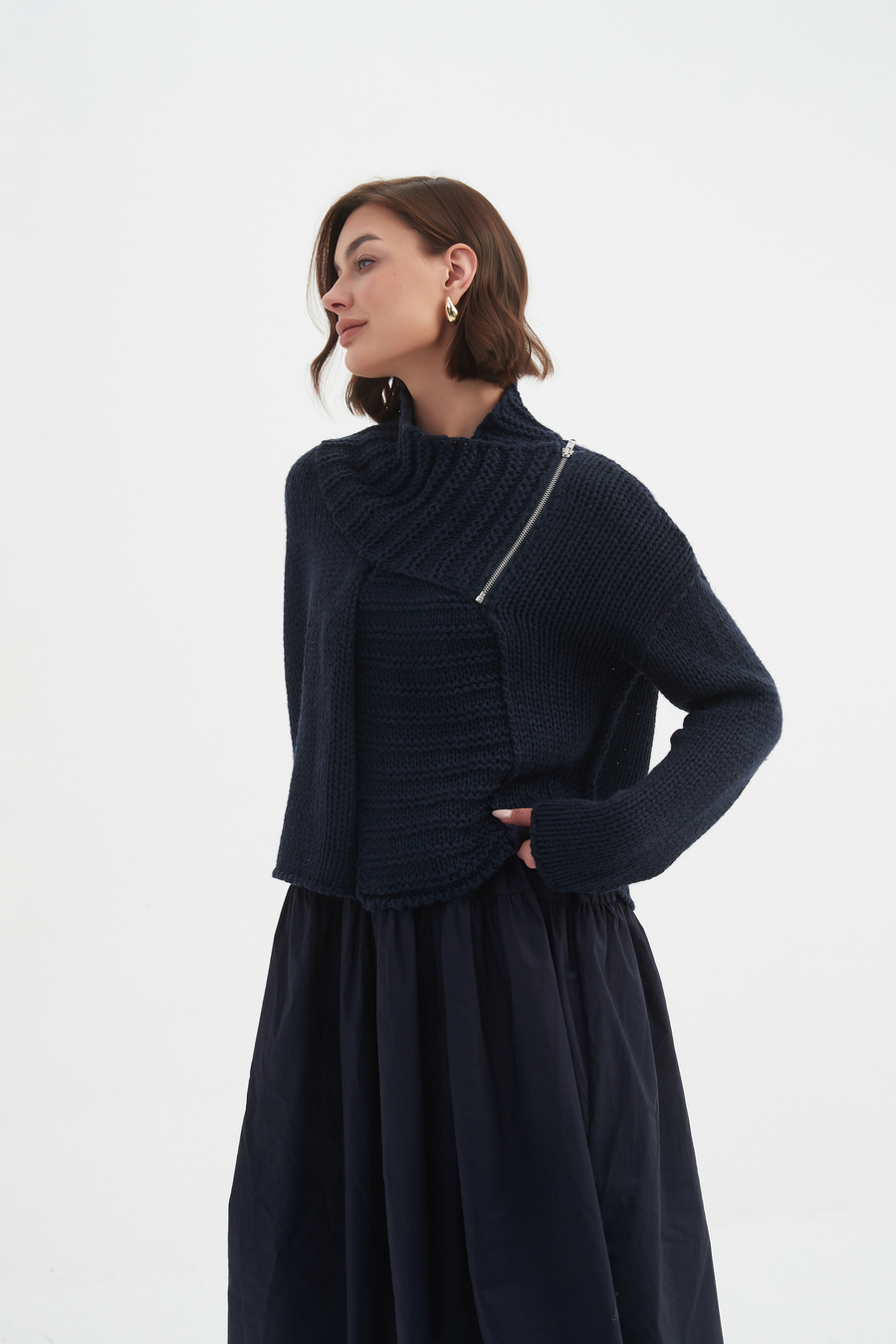 Zip Collar Cardi - Navy