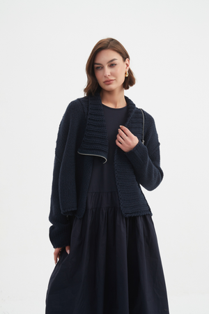 Zip Collar Cardi - Navy