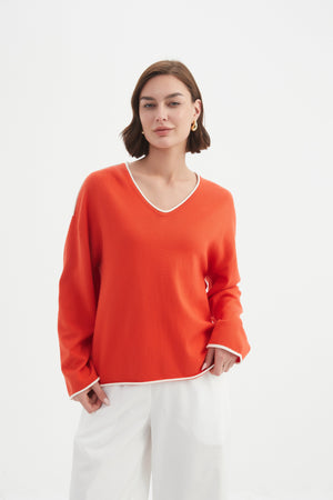 Contrast Trim Knit - Flame/White