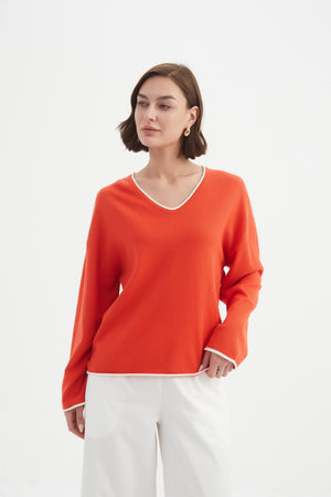 Contrast Trim Knit - Flame/White