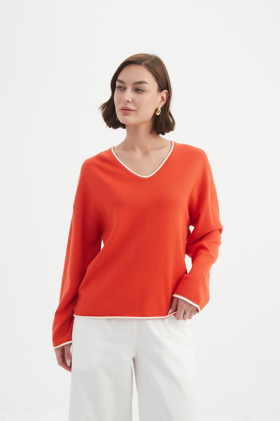 Contrast Trim Knit - Flame/White