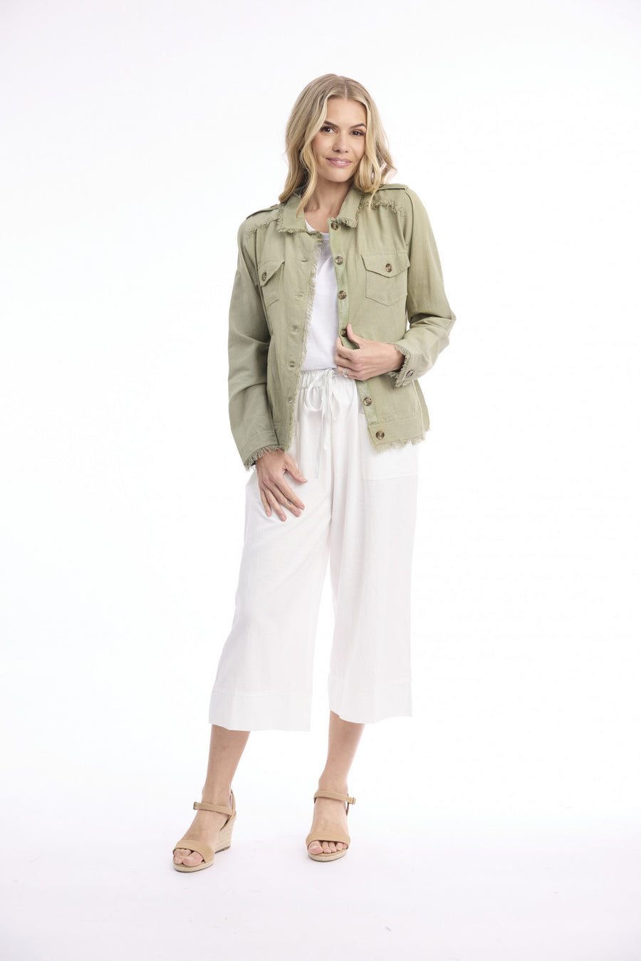 Essentials Cotton Linen Blend Fringe Jacket - Khaki