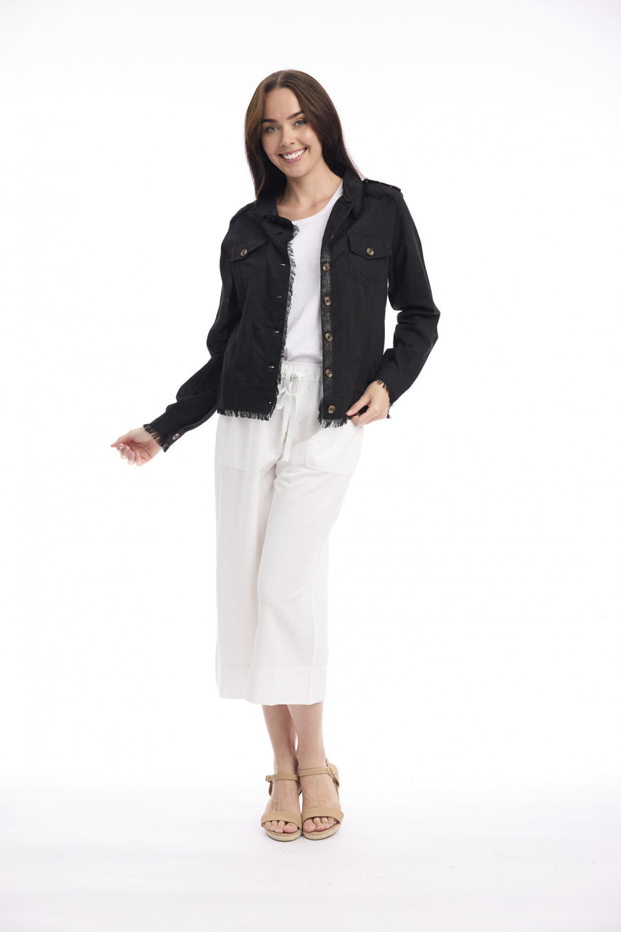 Essentials Cotton Linen Blend Fringe Jacket - Black