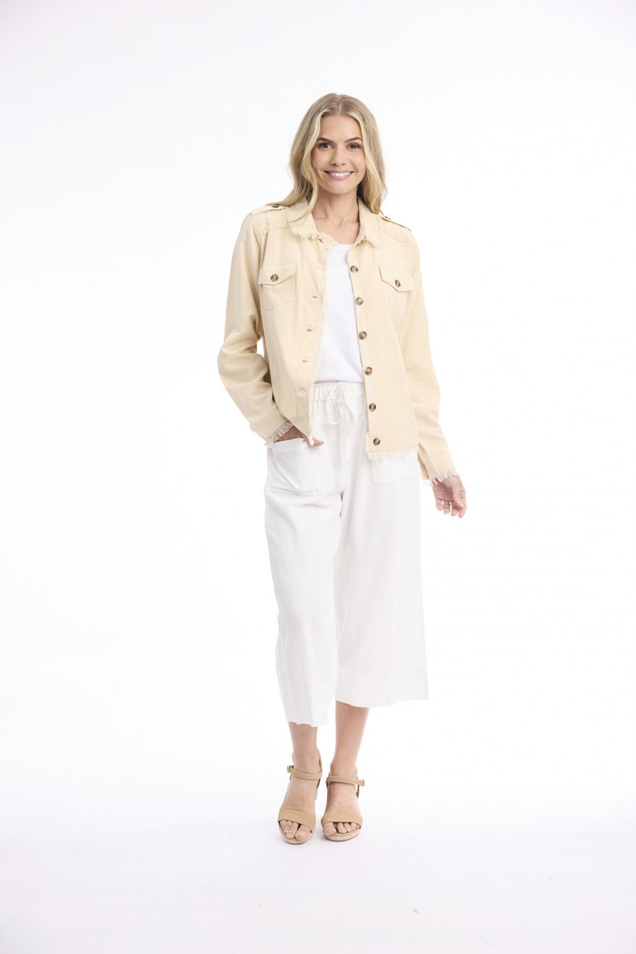 Essentials Cotton Linen Blend Fringe Jacket - Sand