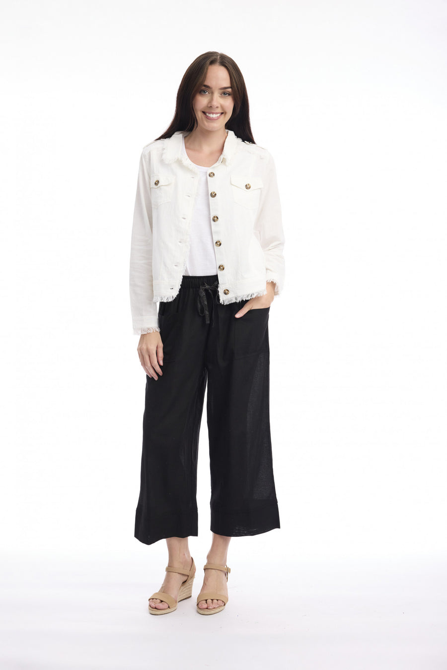 Essentials Cotton Linen Blend Fringe Jacket - White