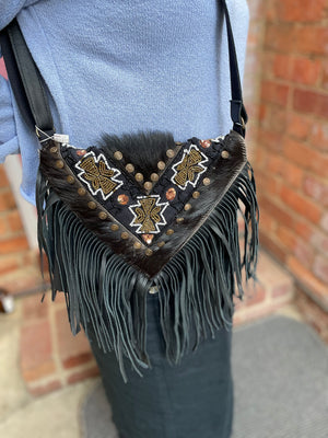 Beaded Leather Bag With Fringe And Hide Detail