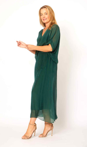 Ruched Bodice Flowy Dress - Green