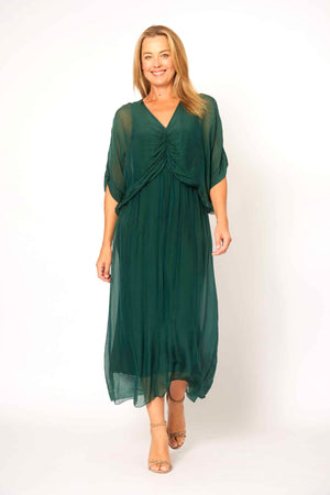Ruched Bodice Flowy Dress - Green
