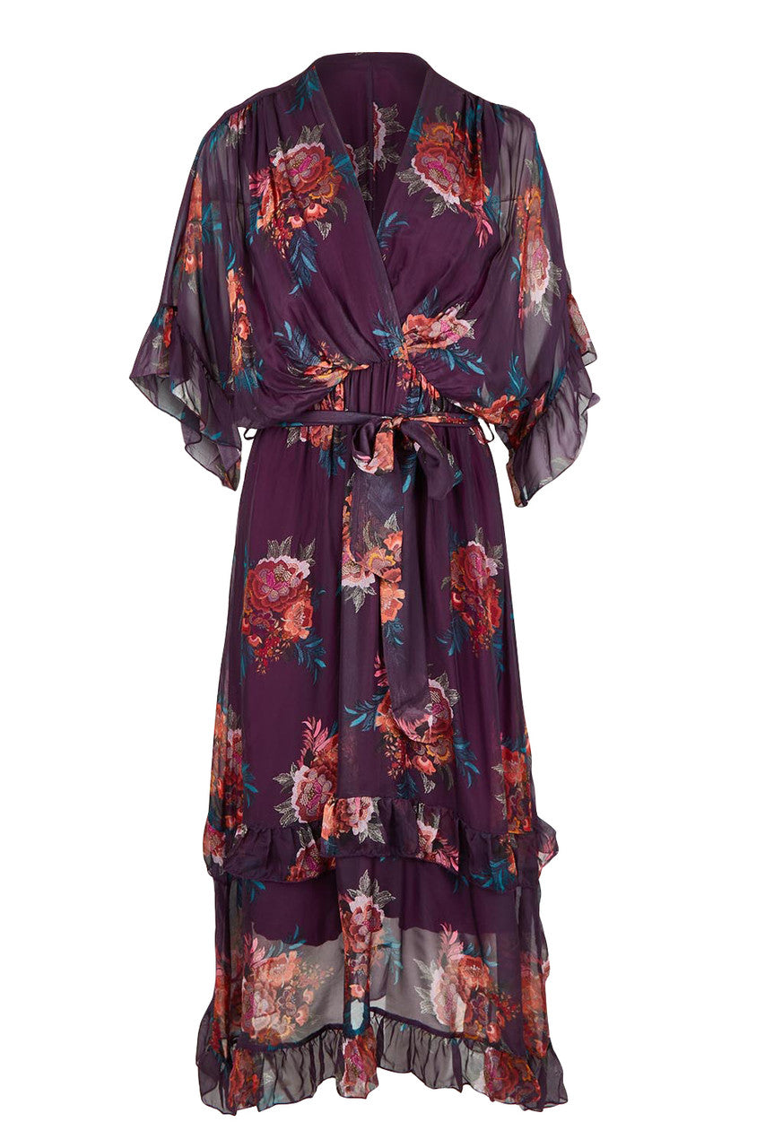 Frill Sleeve Silk Blend Print Dress