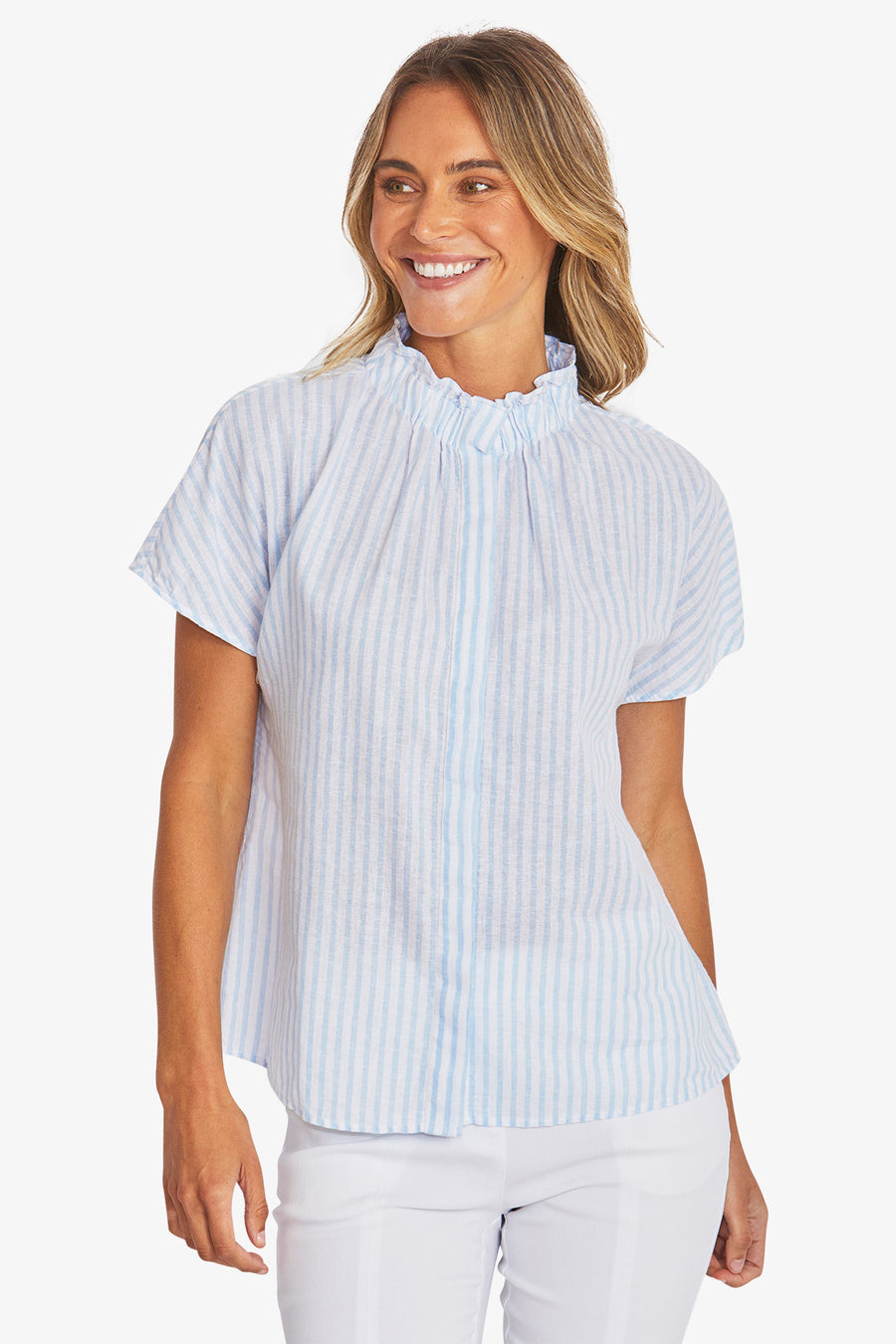 Tamara Stripe Blouse - White/Baby Blue