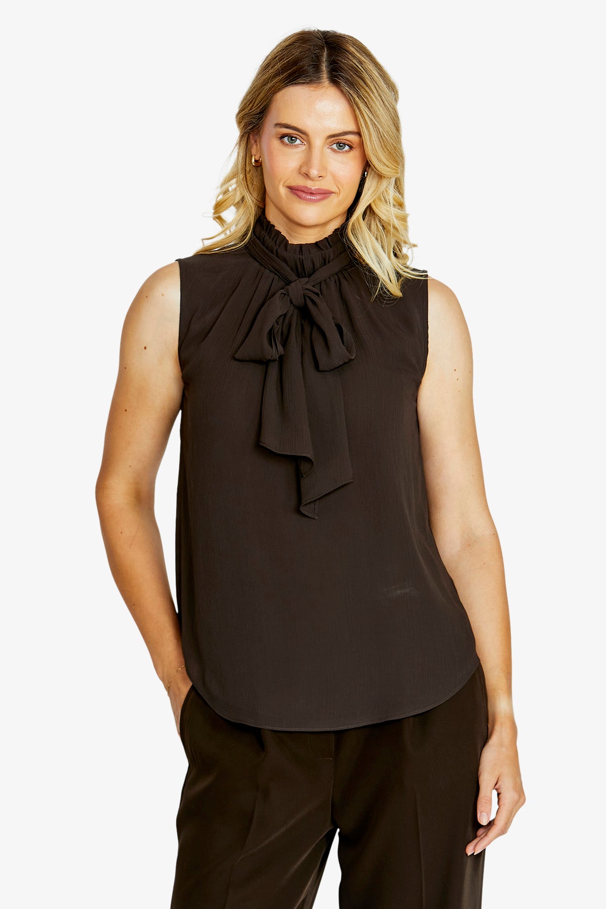 Sofia NeckTie Sleeveless Top - Chocolate
