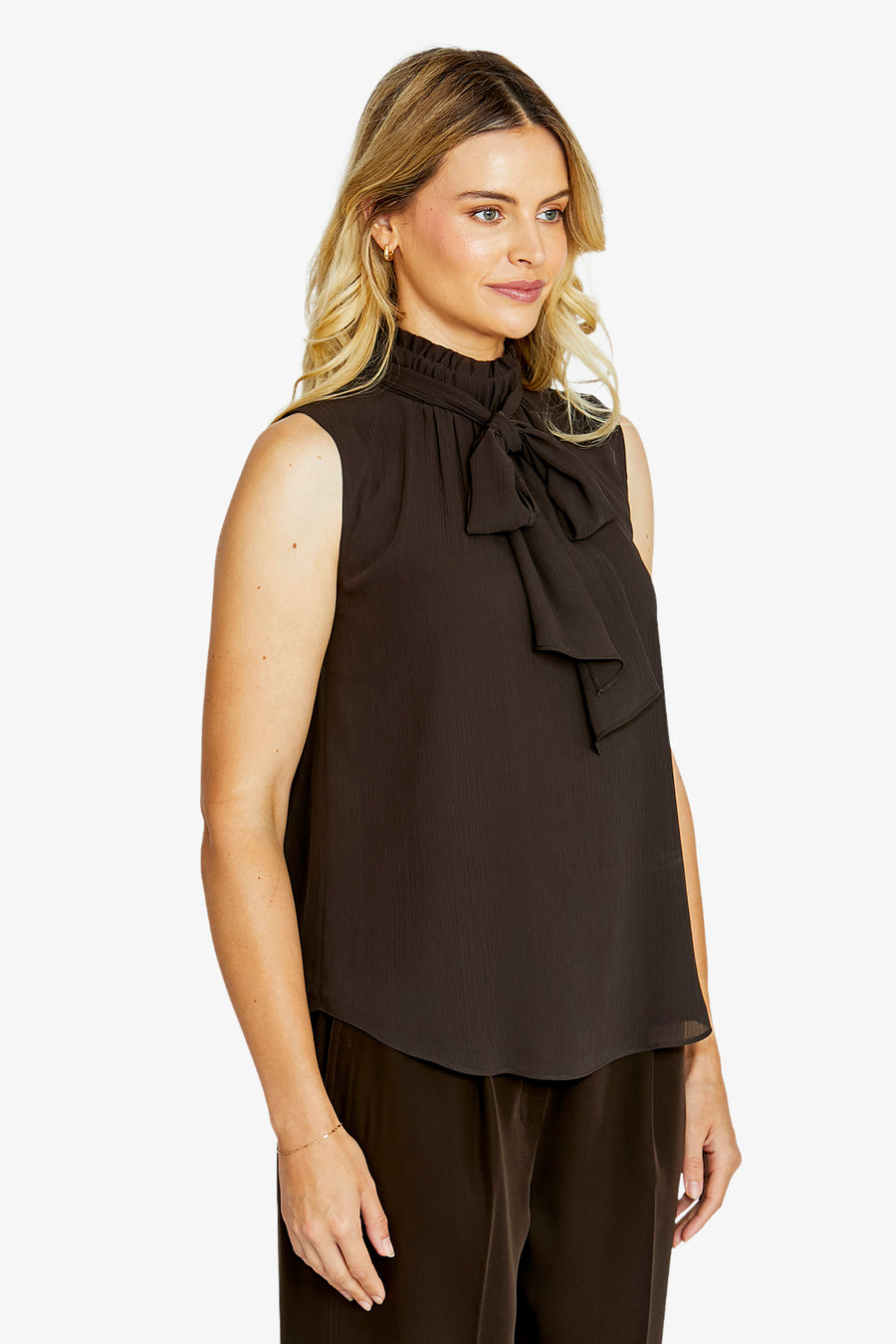 Sofia NeckTie Sleeveless Top - Chocolate