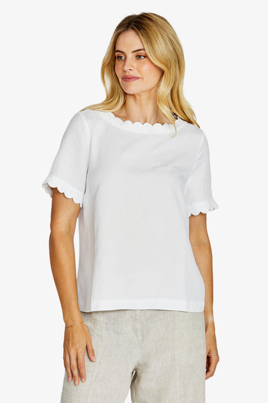 Monica Scallop Neck Short Sleeve Top - White