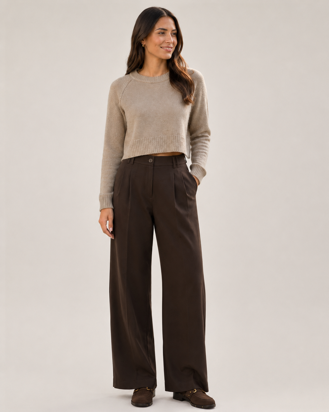 Pleat Front Wide Leg Pants - Chocolate Brown