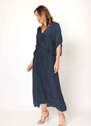 Ruched Bodice Flowy Dress - Navy Blue