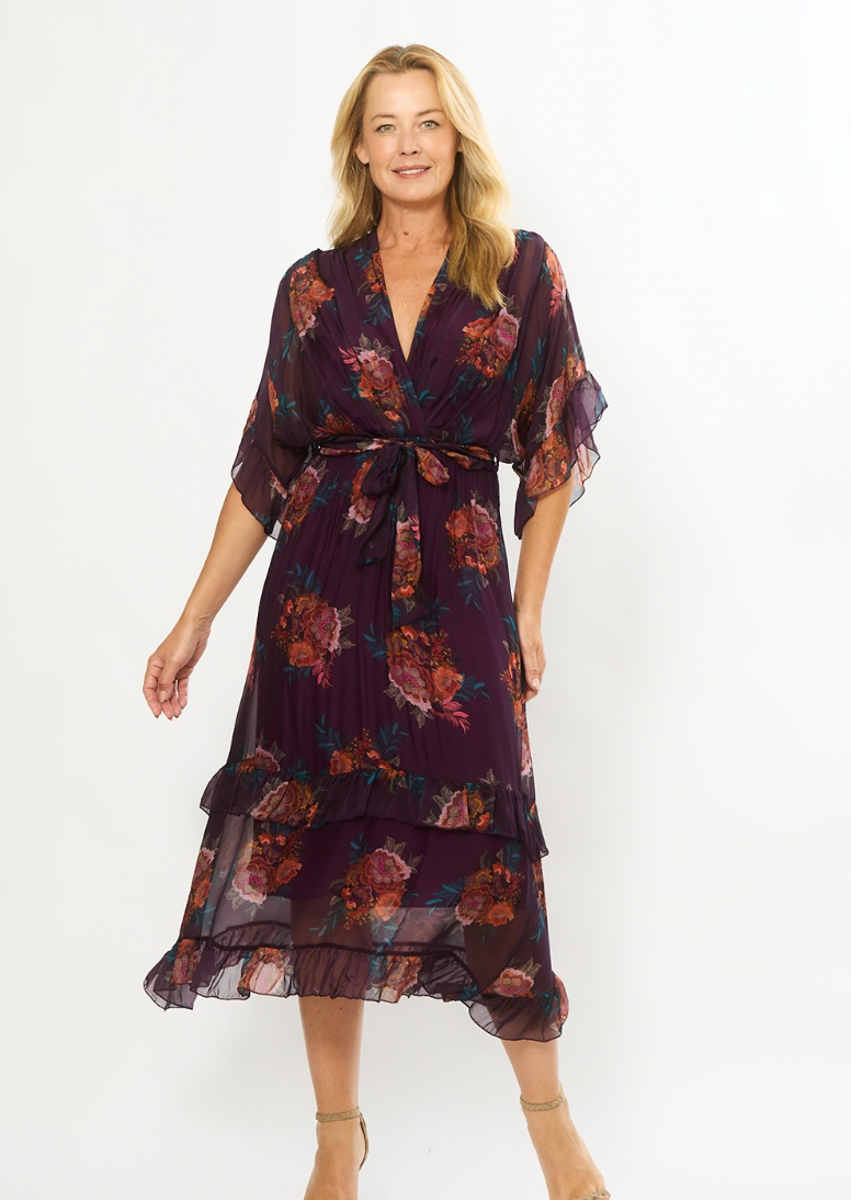 Frill Sleeve Silk Blend Print Dress