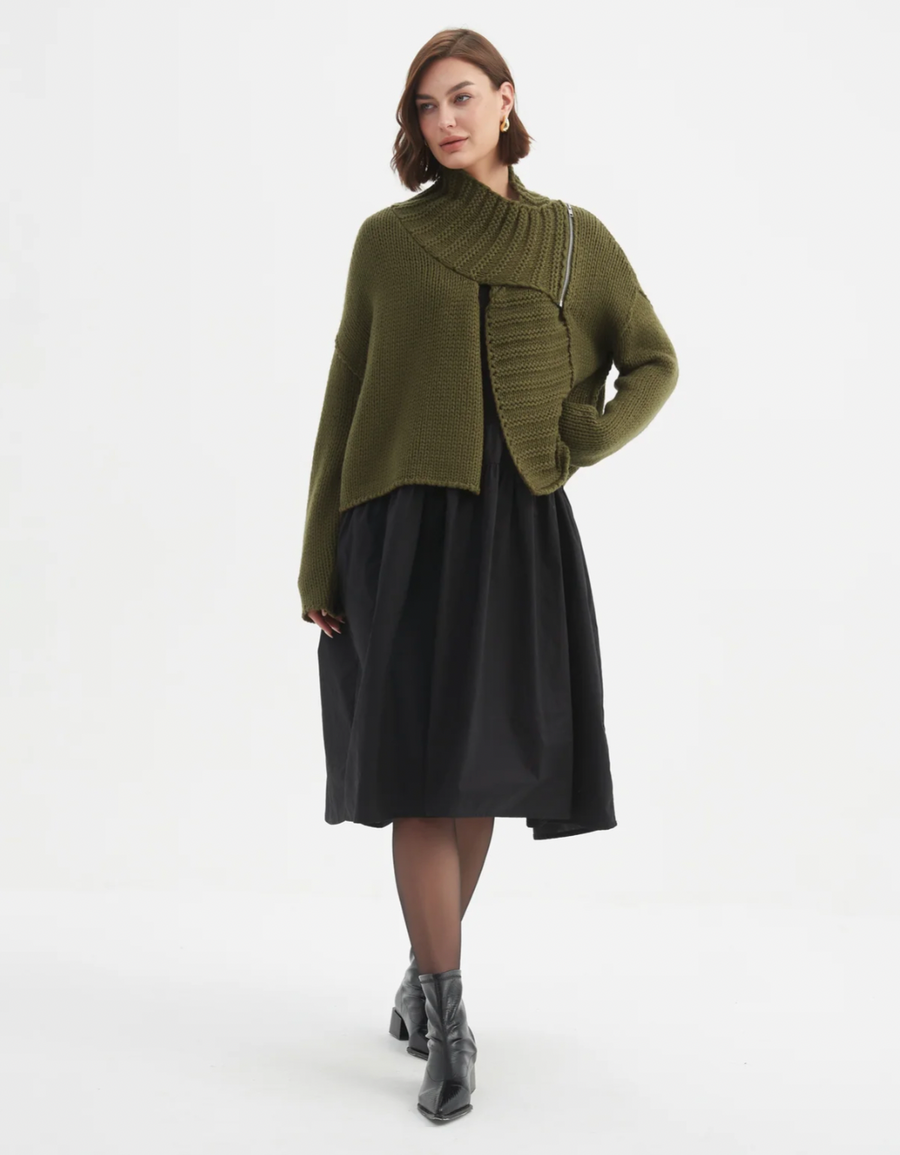 Zip Collar Cardi - Khaki