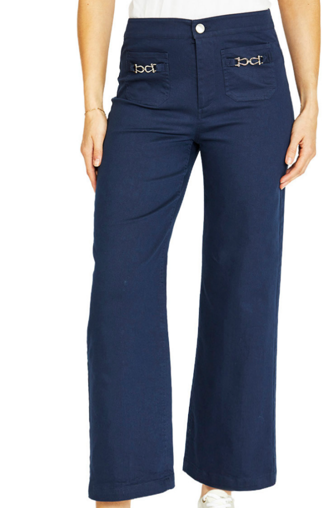 Wide Leg Chain Trim Pants - Navy