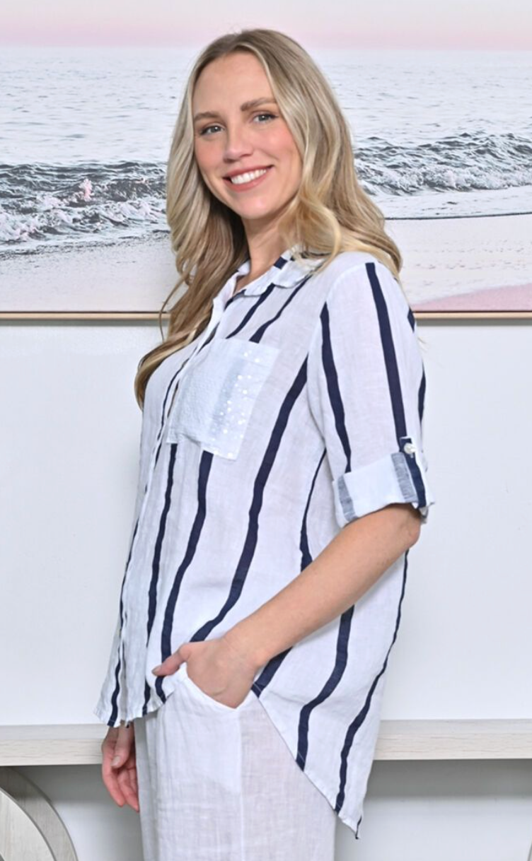 Stripe Shirt with Sequins Pocket
