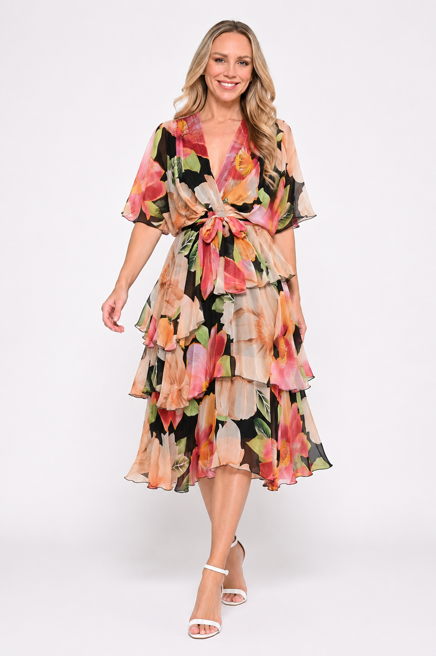 Cross Over Floral Long Silk Dress