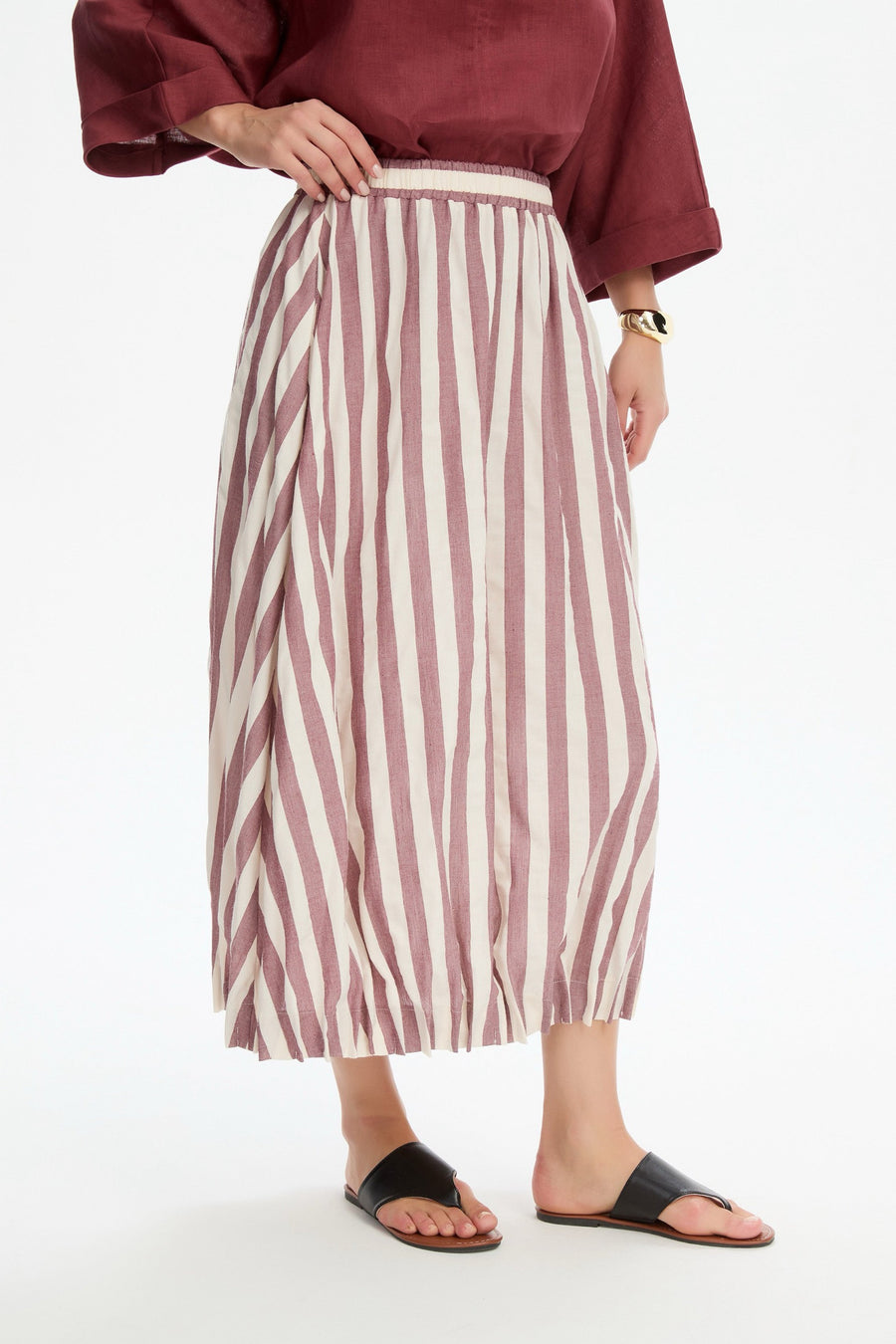 Pintuck Hem Stripe Skirt - Brick Stripe