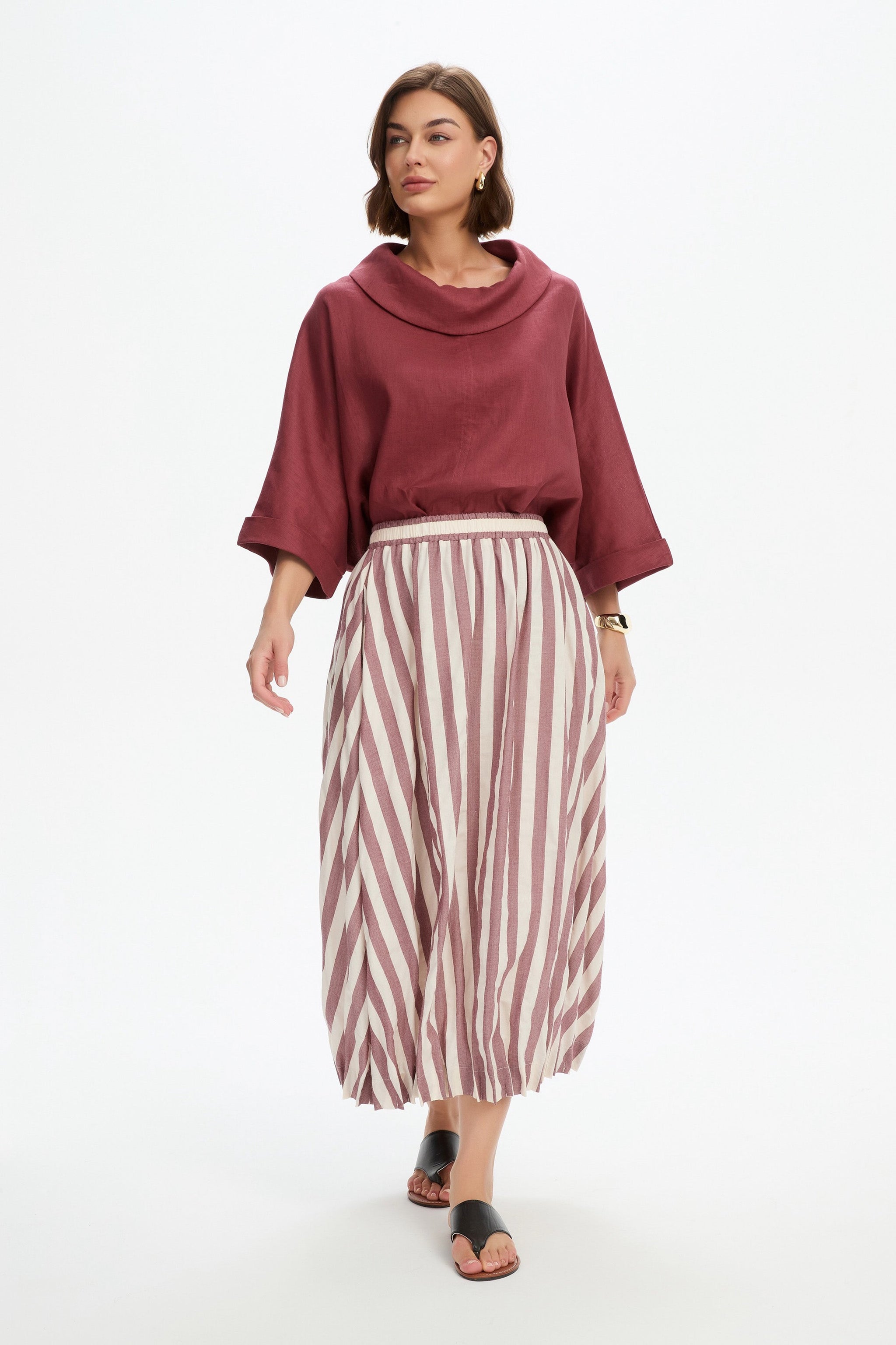Pintuck Hem Stripe Skirt - Brick Stripe