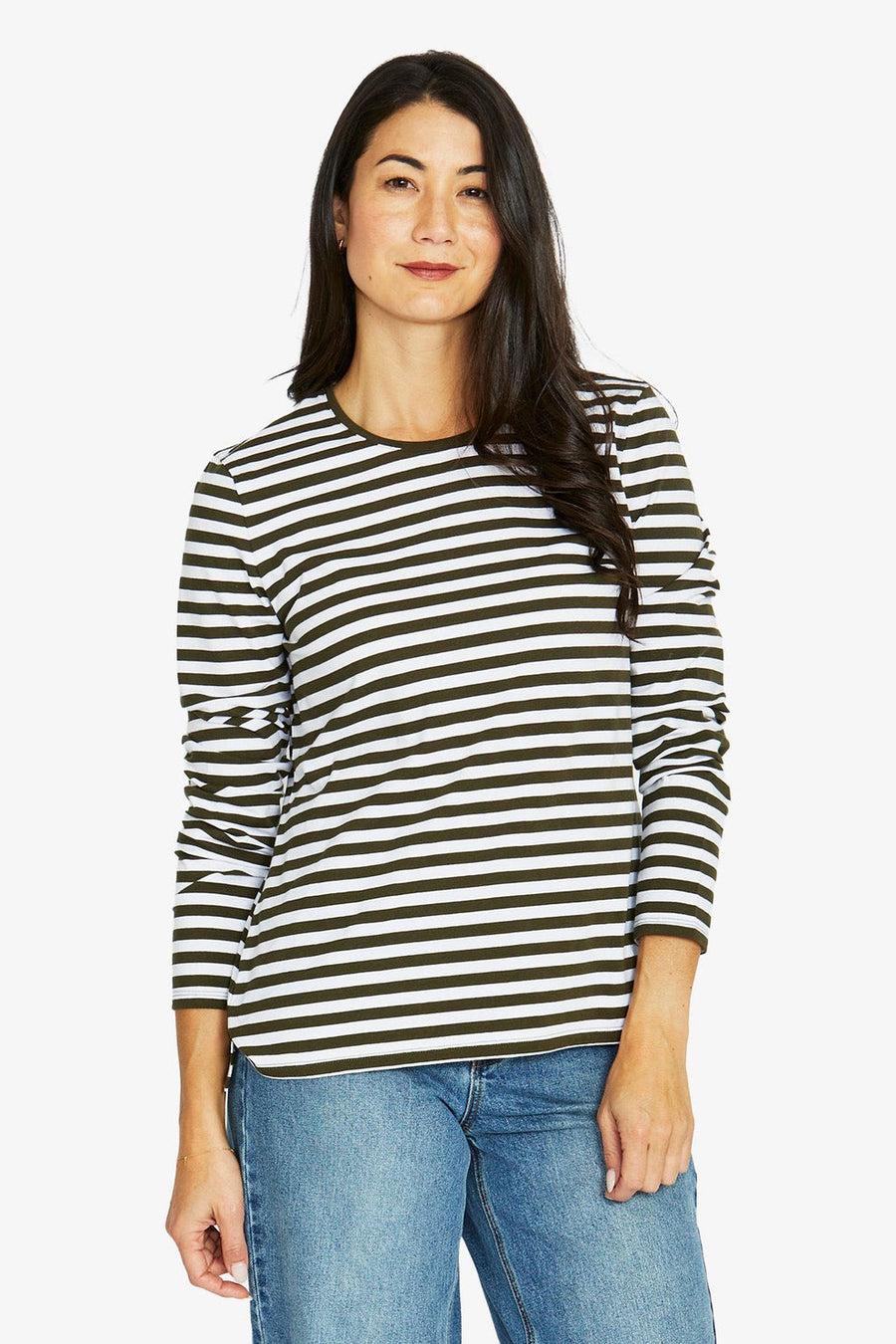 Stripe Crew L/S Tee - Olive/Ivory